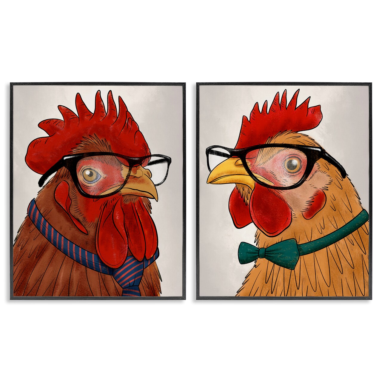 Stupell Industries Quirky Hipster Roosters 2pc Framed Giclee Set Design by Marcus Prime
